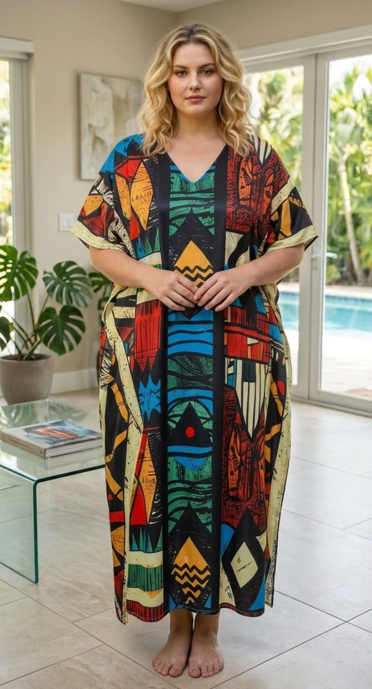 Teal Geometric Polyester Women Plus Size Kaftan Resort Dress