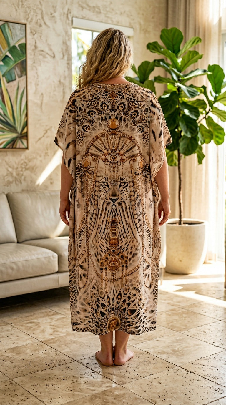 Beige Leopard Polyester Women Plus Size Kaftan Resort Dress