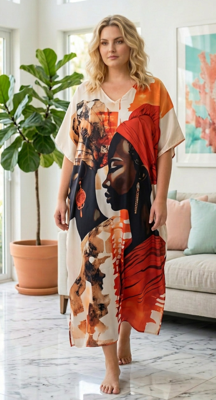 Cream & Orange African Woman Kaftan