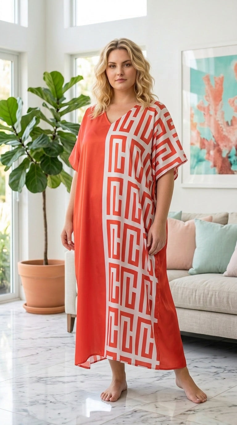 Red Geometric Polyester Women Plus Size Kaftan Party Dress