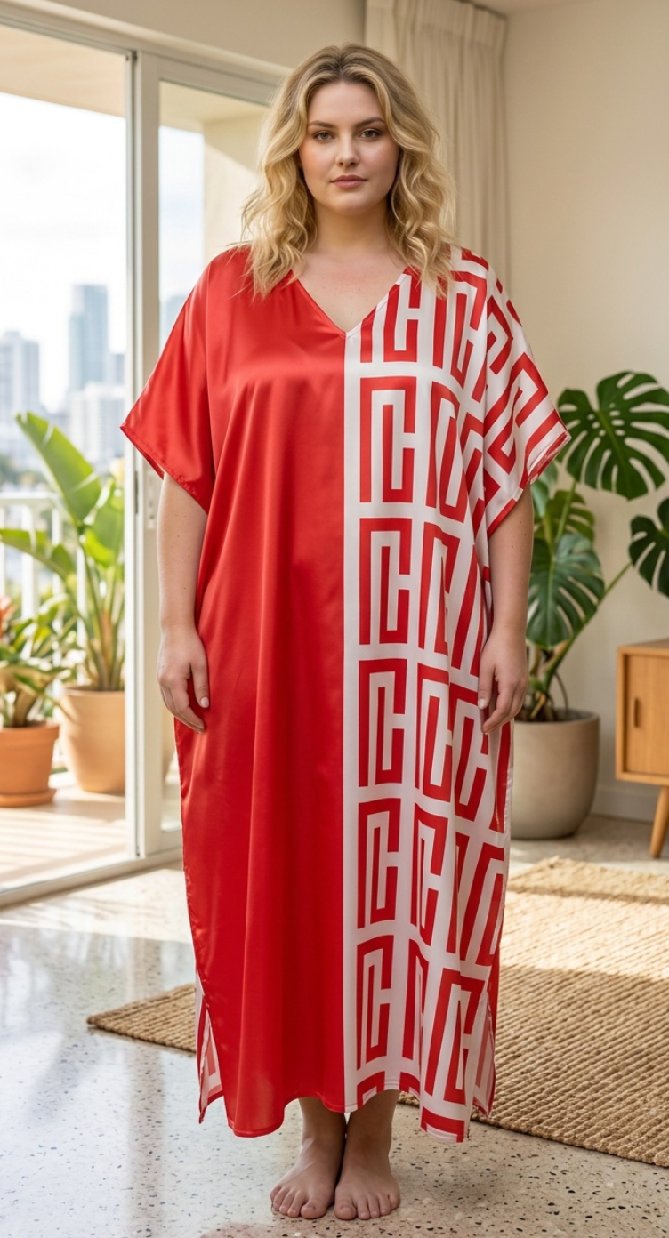 Red Geometric Polyester Women Plus Size Kaftan Party Dress