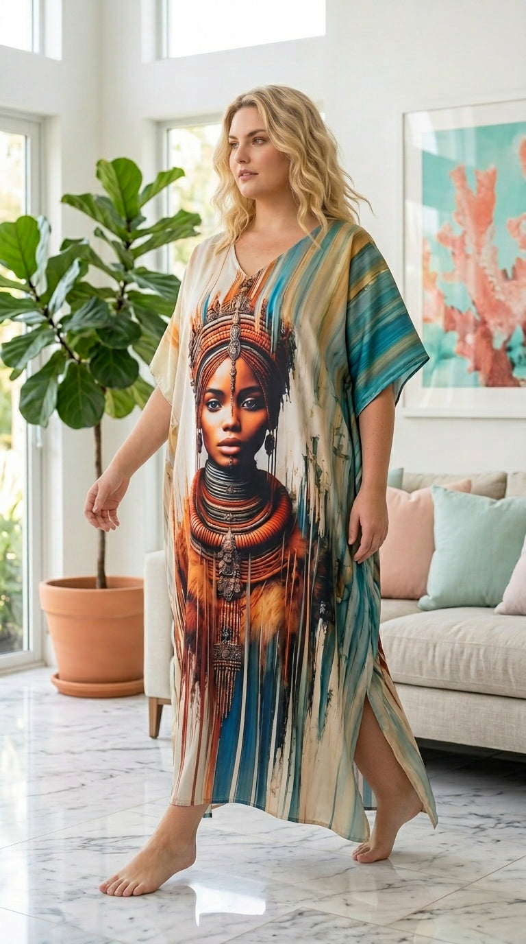 Cream Tribal Polyester Women Plus Size Kaftan Elegant Dress