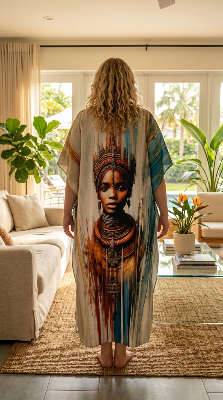 Cream Tribal Polyester Women Plus Size Kaftan Elegant Dress