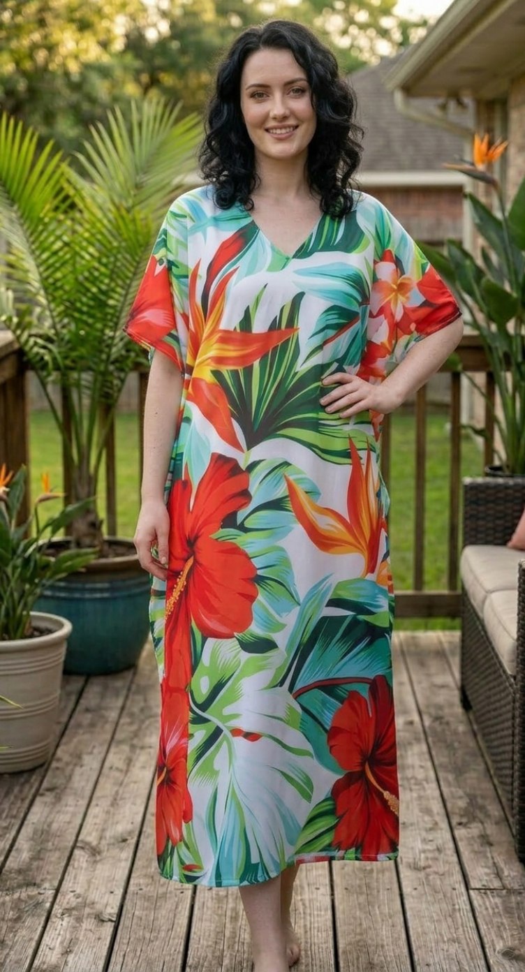 Light Aqua Tropical Polyester Women Plus Size Kaftan Tropical Dress