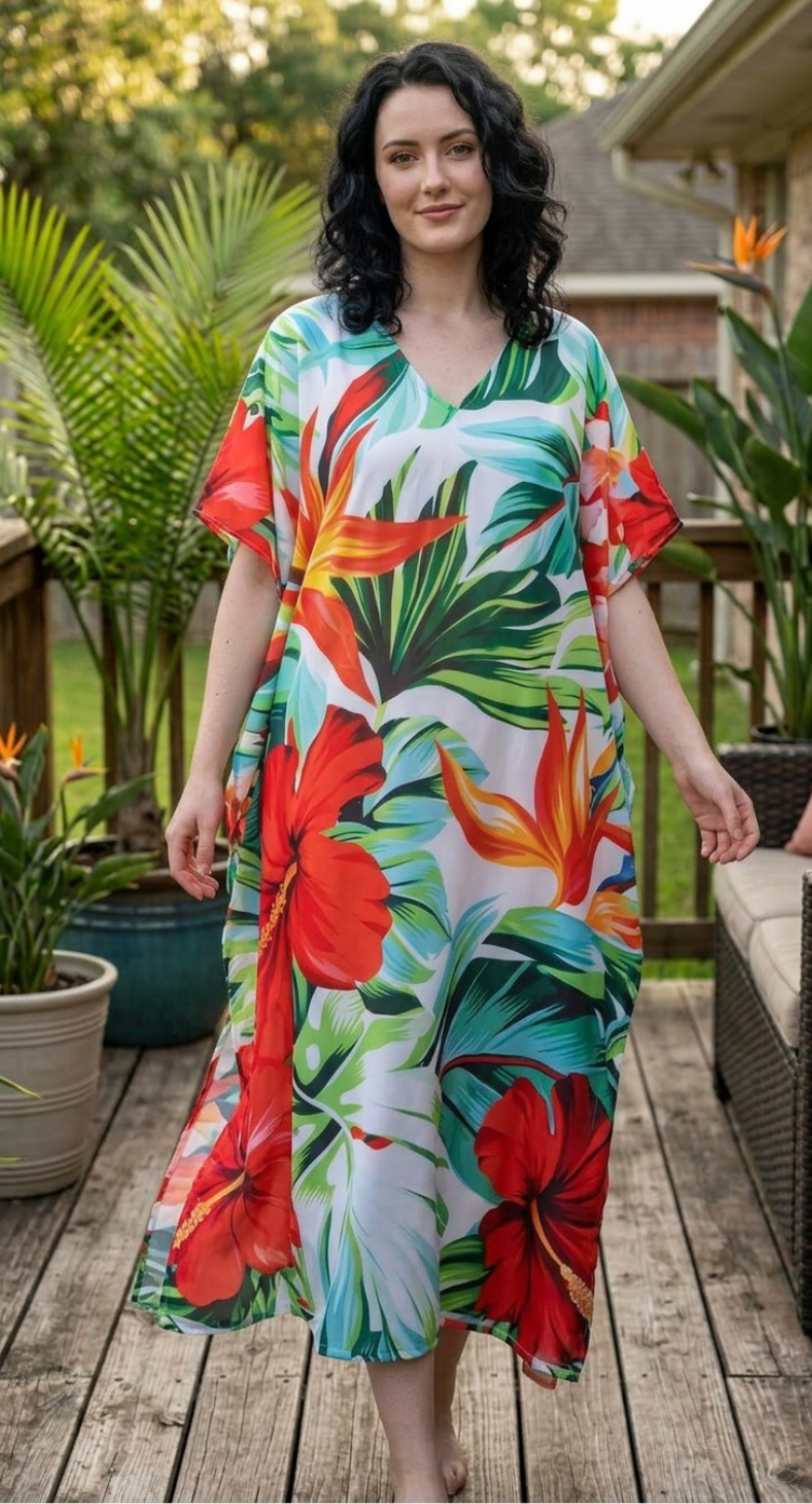 Light Aqua Tropical Polyester Women Plus Size Kaftan Tropical Dress