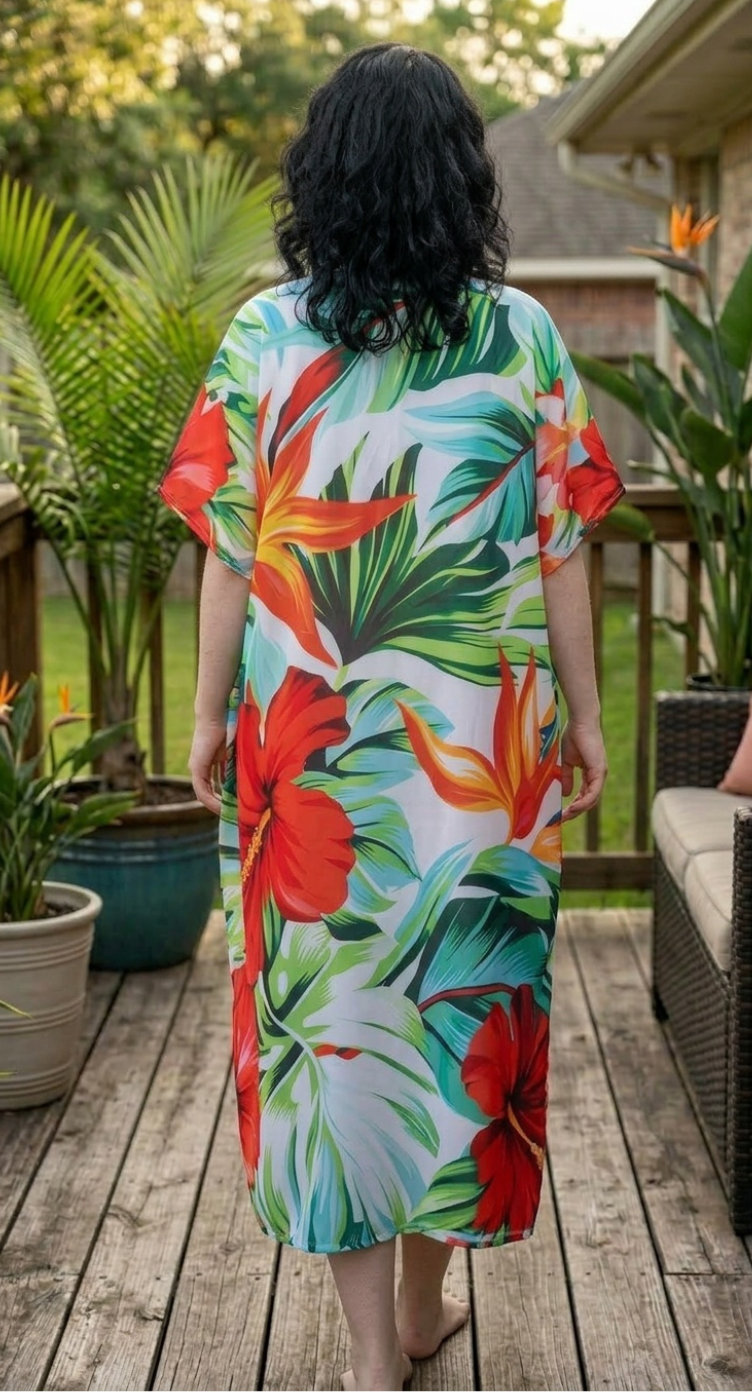 Light Aqua Tropical Polyester Women Plus Size Kaftan Tropical Dress