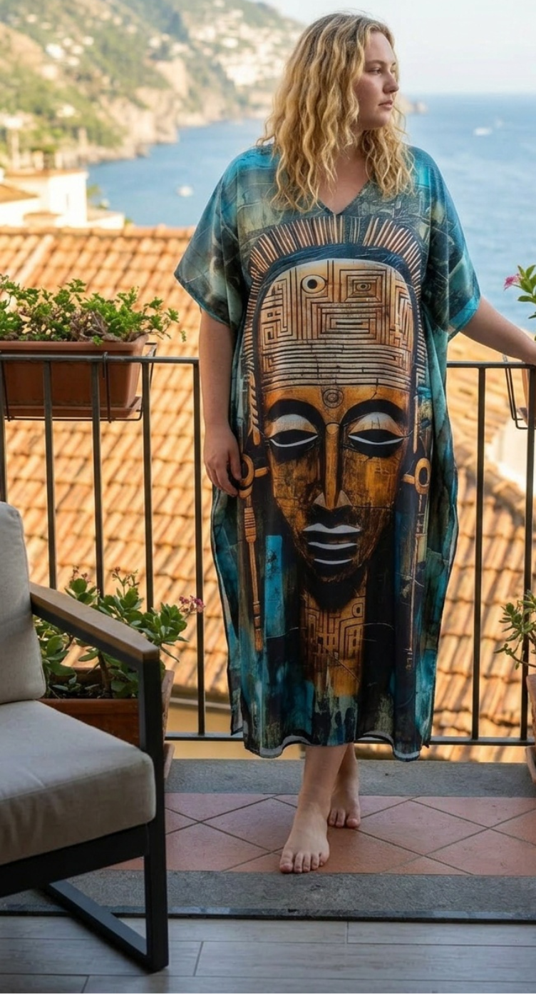 Teal Tribal Polyester Women Plus Size Kaftan Boho Dress