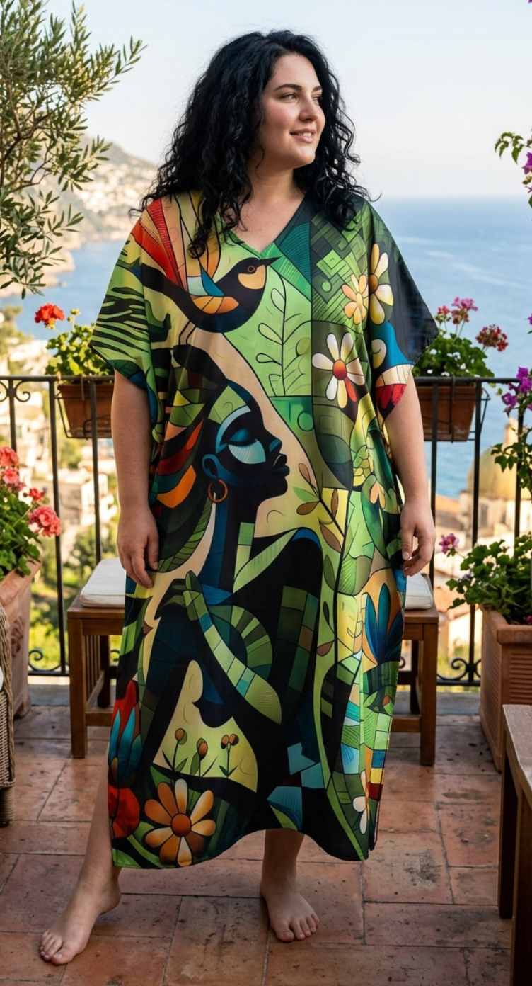 Green Floral Polyester Women Plus Size Kaftan Lounge Dress