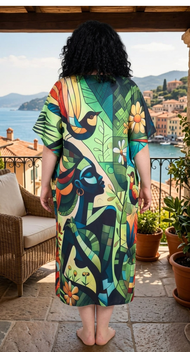 Green Floral Polyester Women Plus Size Kaftan Lounge Dress