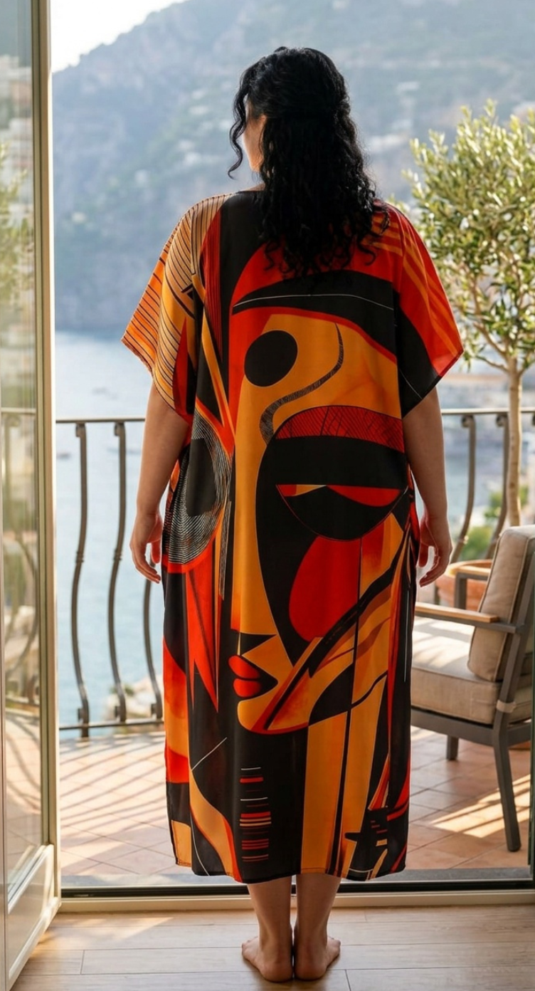 Red Abstract Polyester Women Plus Size Kaftan Evening Dress