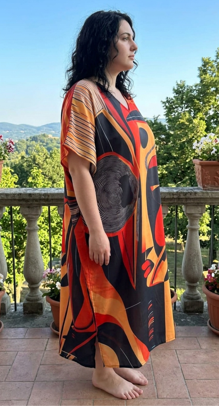 Red Abstract Polyester Women Plus Size Kaftan Evening Dress