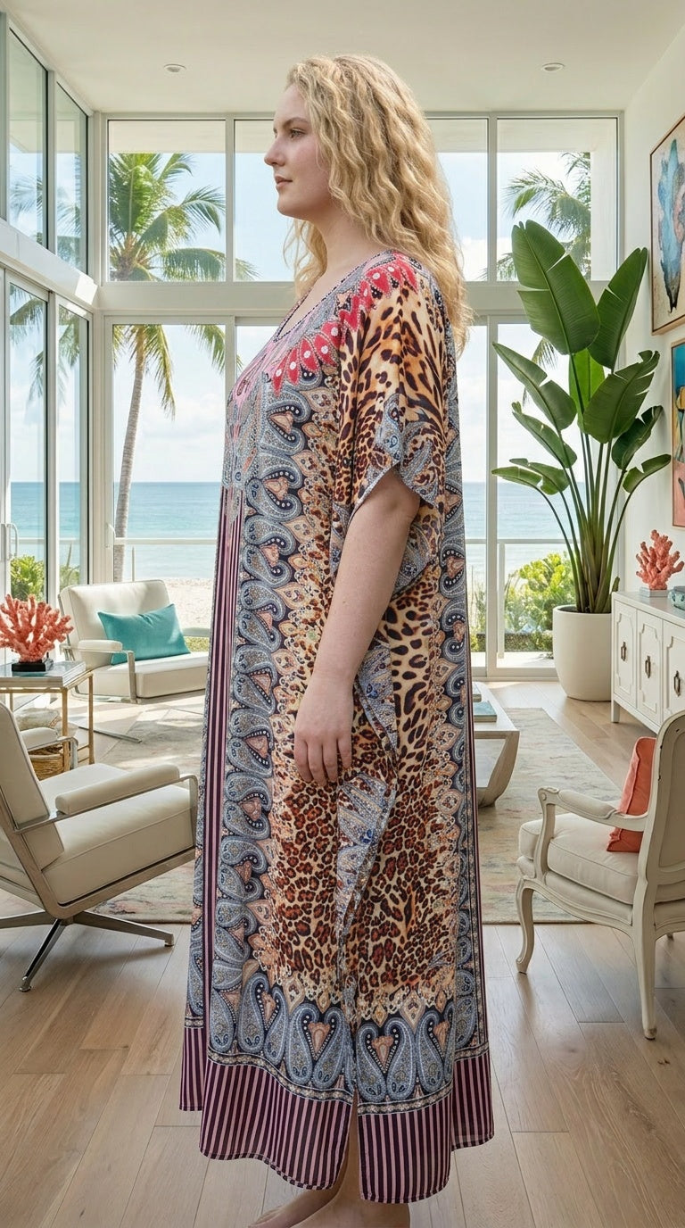 Wine Paisley Polyester Women Plus Size Kaftan Party Dress
