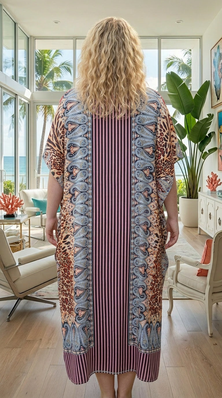 Wine Paisley Polyester Women Plus Size Kaftan Party Dress