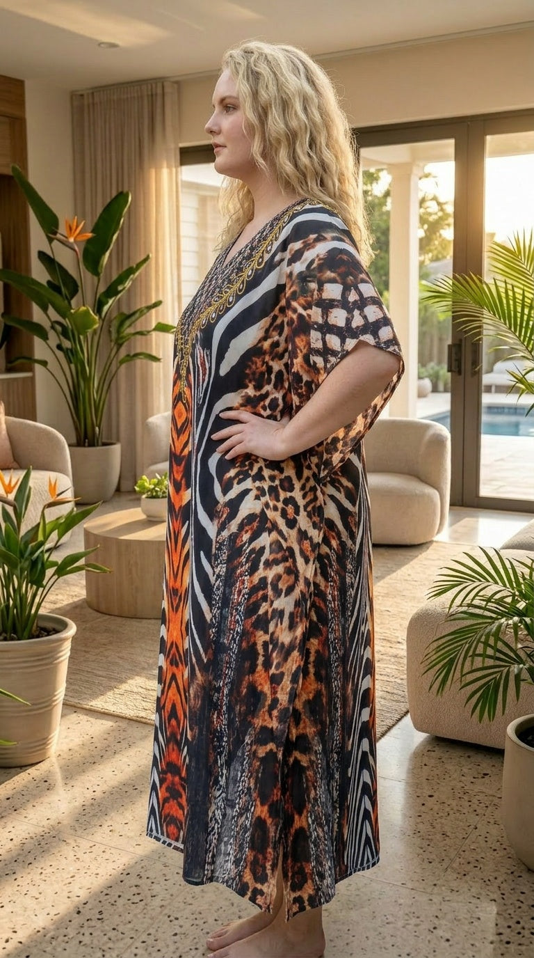 Multicolor Animal Print Polyester Women Plus Size Kaftan Vacation Dress