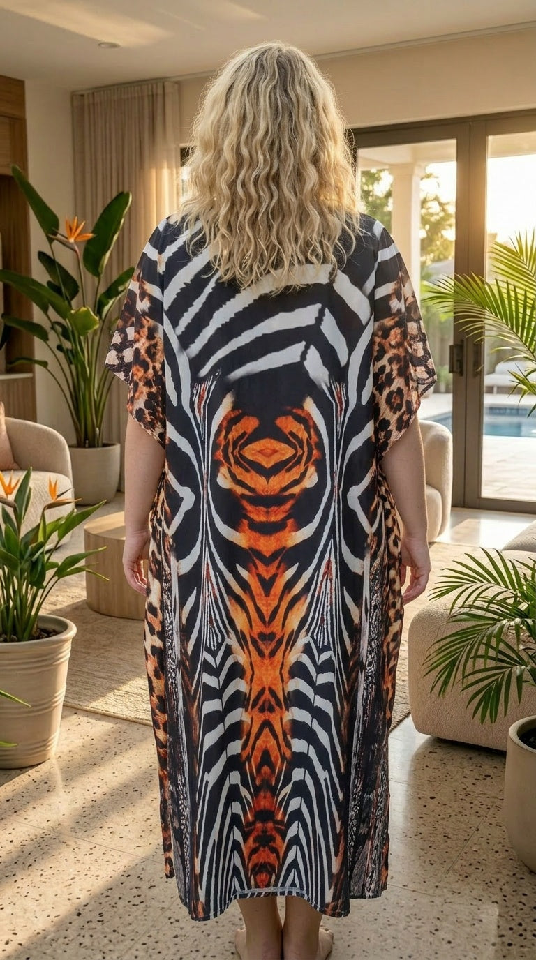 Multicolor Animal Print Polyester Women Plus Size Kaftan Vacation Dress