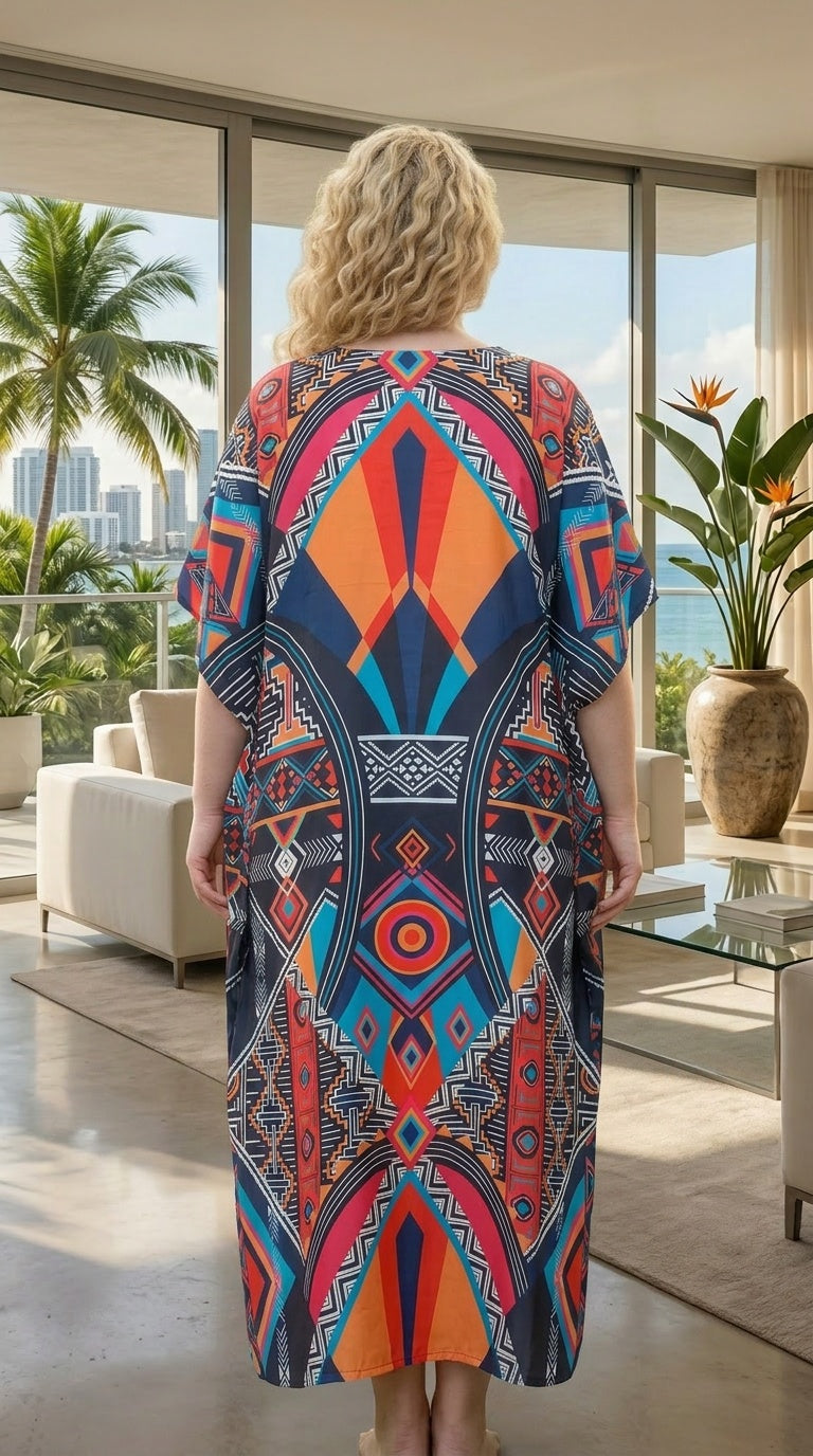 Navy Blue Geometric Polyester Women Plus Size Kaftan Cruise Dress