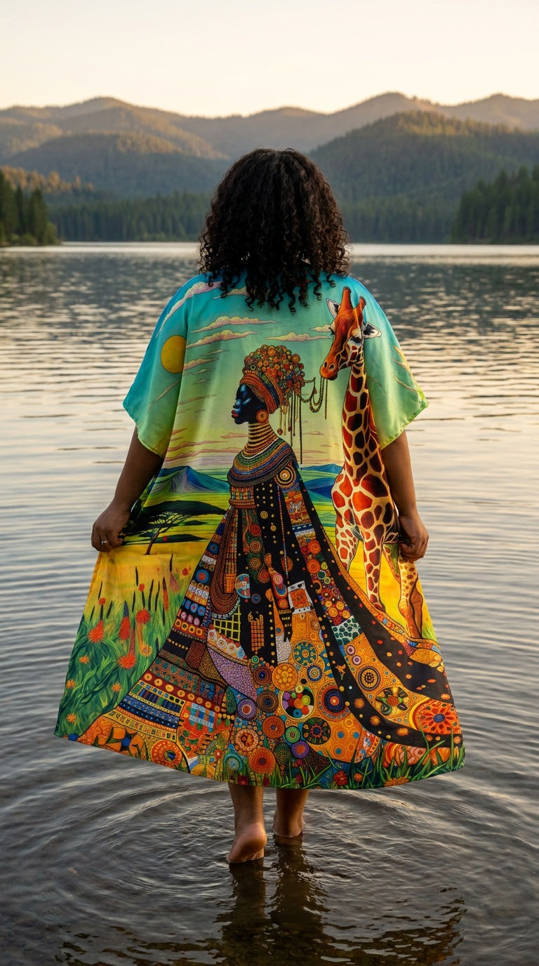 Turquoise Tribal Polyester Women Plus Size Kaftan Beach Dress 1X-3X