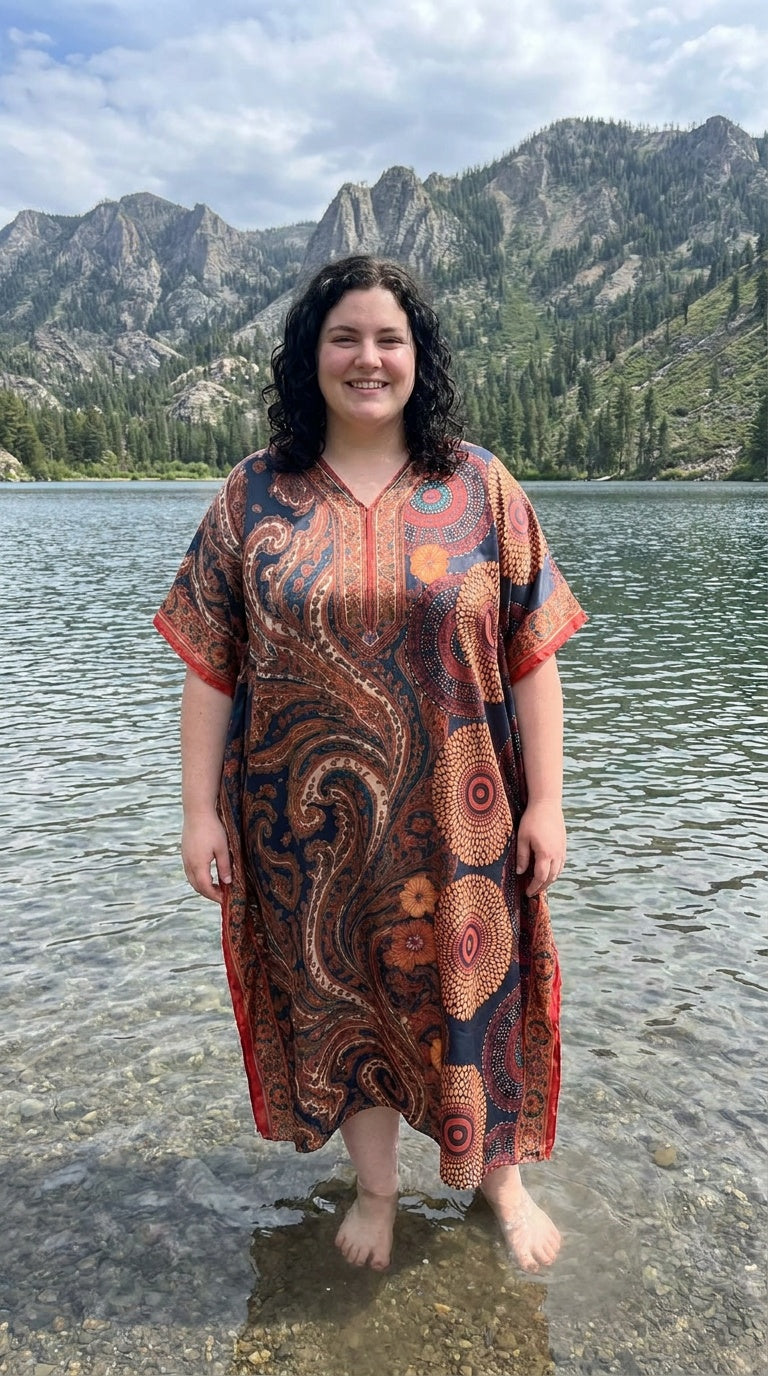 Brown Paisley Polyester Women Plus Size Kaftan Cruise Dress 1X-3X