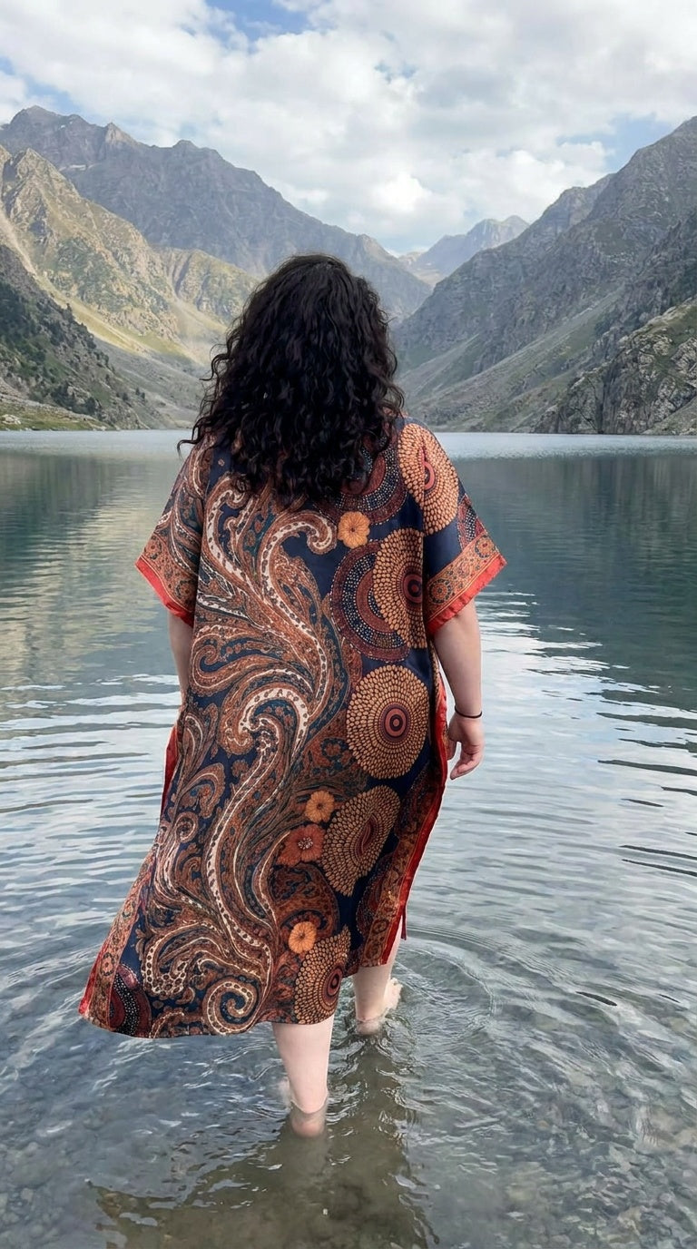 Brown Paisley Polyester Women Plus Size Kaftan Cruise Dress 1X-3X