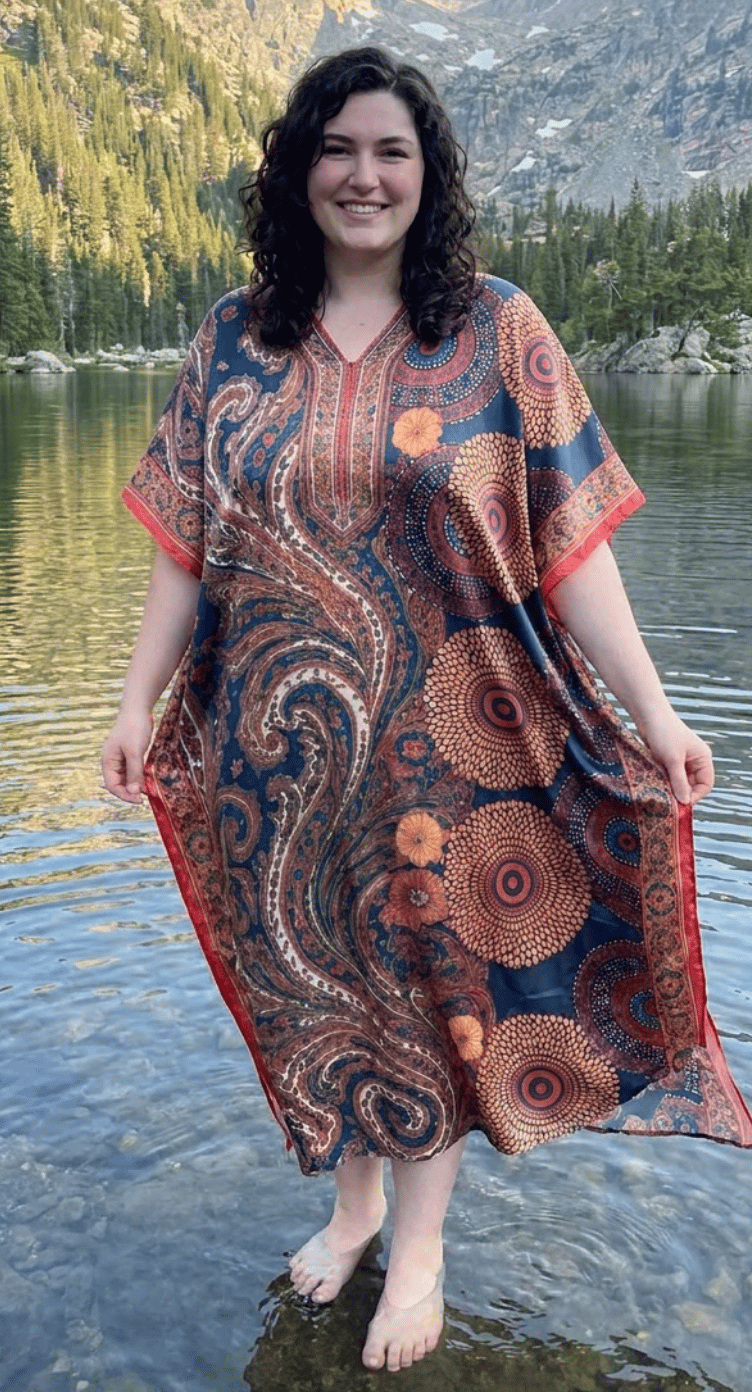 Brown Paisley Polyester Women Plus Size Kaftan Cruise Dress 1X-3X