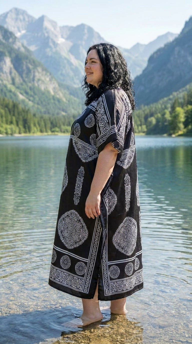 Black Geometric Polyester Women Plus Size Kaftan Holiday Dress 1X-3X