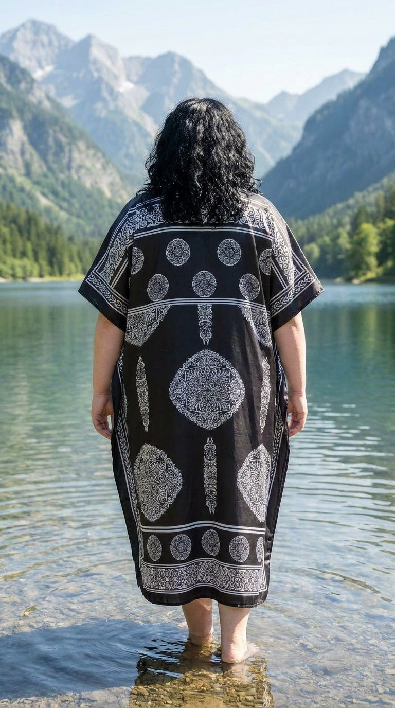 Black Geometric Polyester Women Plus Size Kaftan Holiday Dress 1X-3X