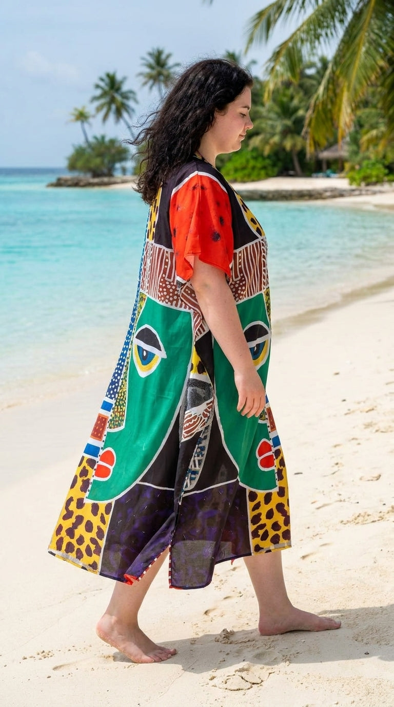 Multicolor Tribal Face Polyester Women Plus Size Kaftan Boho Dress 1X-3X