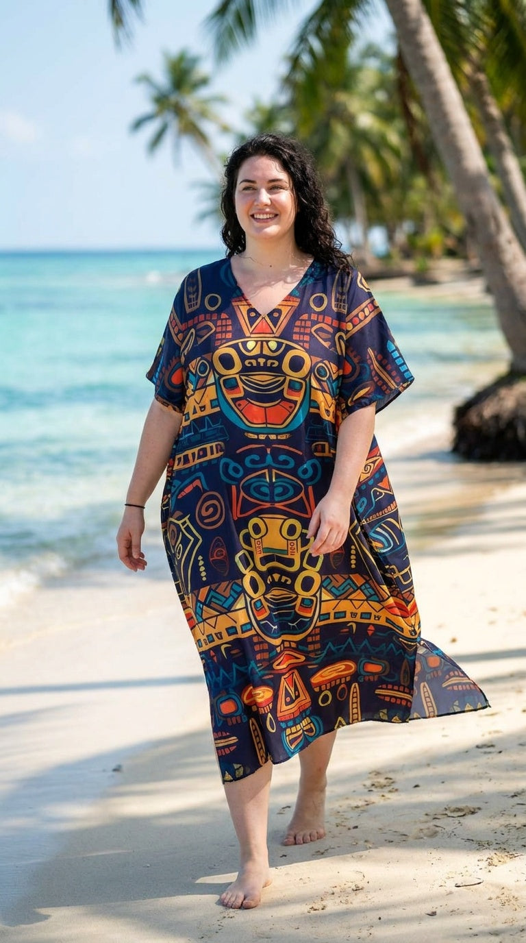 Navy Blue Tribal Polyester Women Plus Size Kaftan Boho Dress 1X-3X