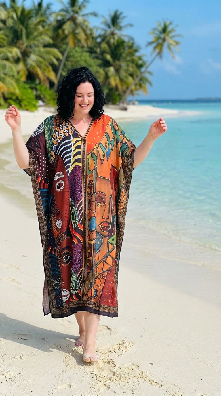Brown Tribal Polyester Women Plus Size Kaftan Boho Dress 1X-3X