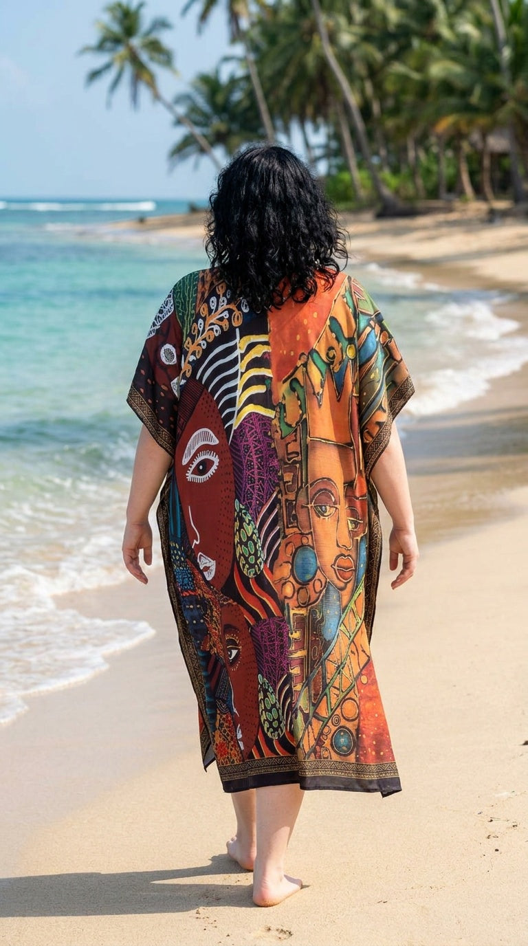Brown Tribal Polyester Women Plus Size Kaftan Boho Dress 1X-3X