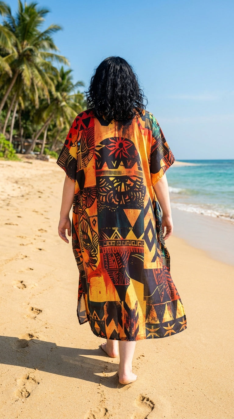 Orange Tribal Polyester Women Plus Size Kaftan Resort Dress 1X-3X