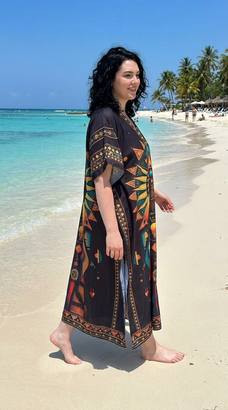 Black Egyptian Print Polyester Women Plus Size Kaftan Maxi Dress 1X-3X