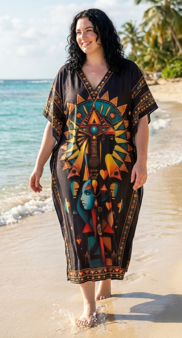 Black Egyptian Print Polyester Women Plus Size Kaftan Maxi Dress 1X-3X