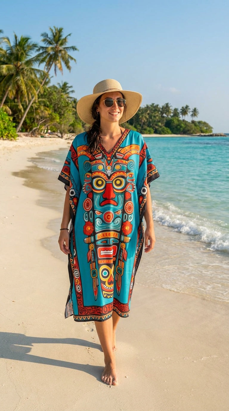 Turquoise Mask Print Polyester Women Plus Size Kaftan Vacation Dress 1X-3X