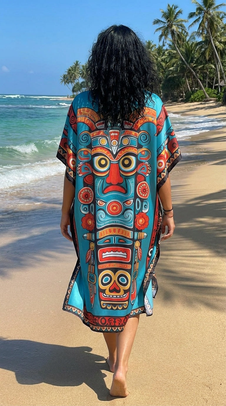 Turquoise Mask Print Polyester Women Plus Size Kaftan Vacation Dress 1X-3X