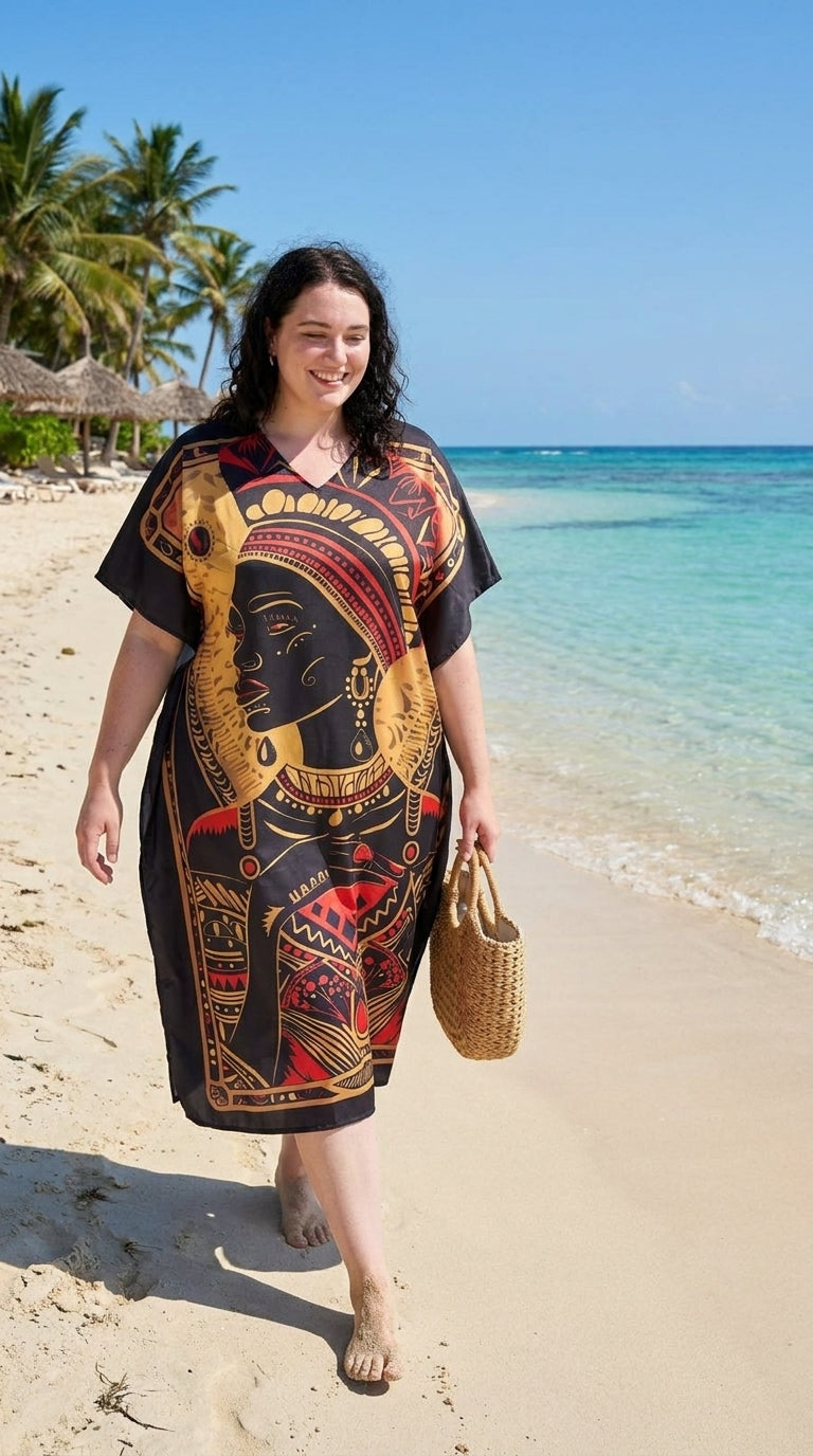 Black Tribal Print Polyester Women Plus Size Kaftan Festival Dress 1X-3X