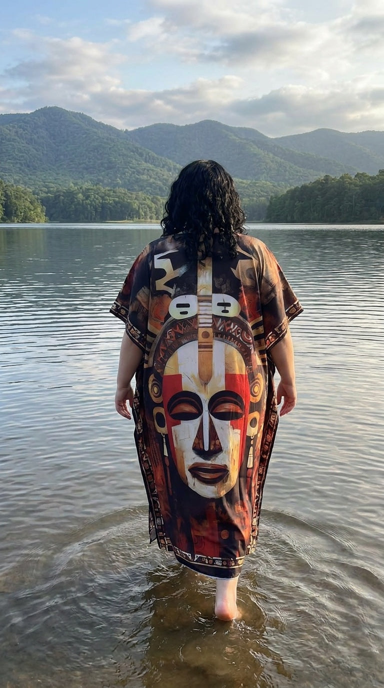 Black Tribal Mask Polyester Women Plus Size Kaftan Poolside Dress 1X-3X