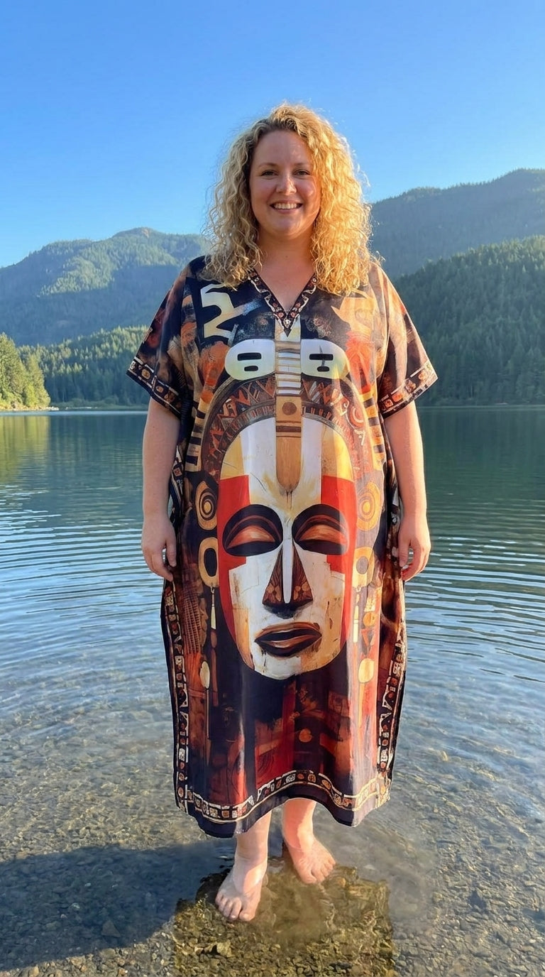 Black Tribal Mask Polyester Women Plus Size Kaftan Poolside Dress 1X-3X