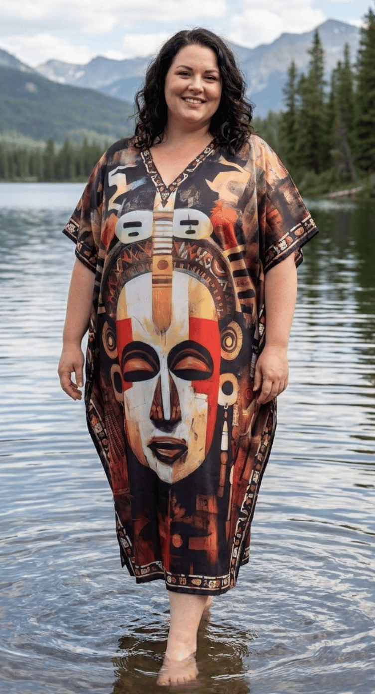 Black Tribal Mask Polyester Women Plus Size Kaftan Poolside Dress 1X-3X