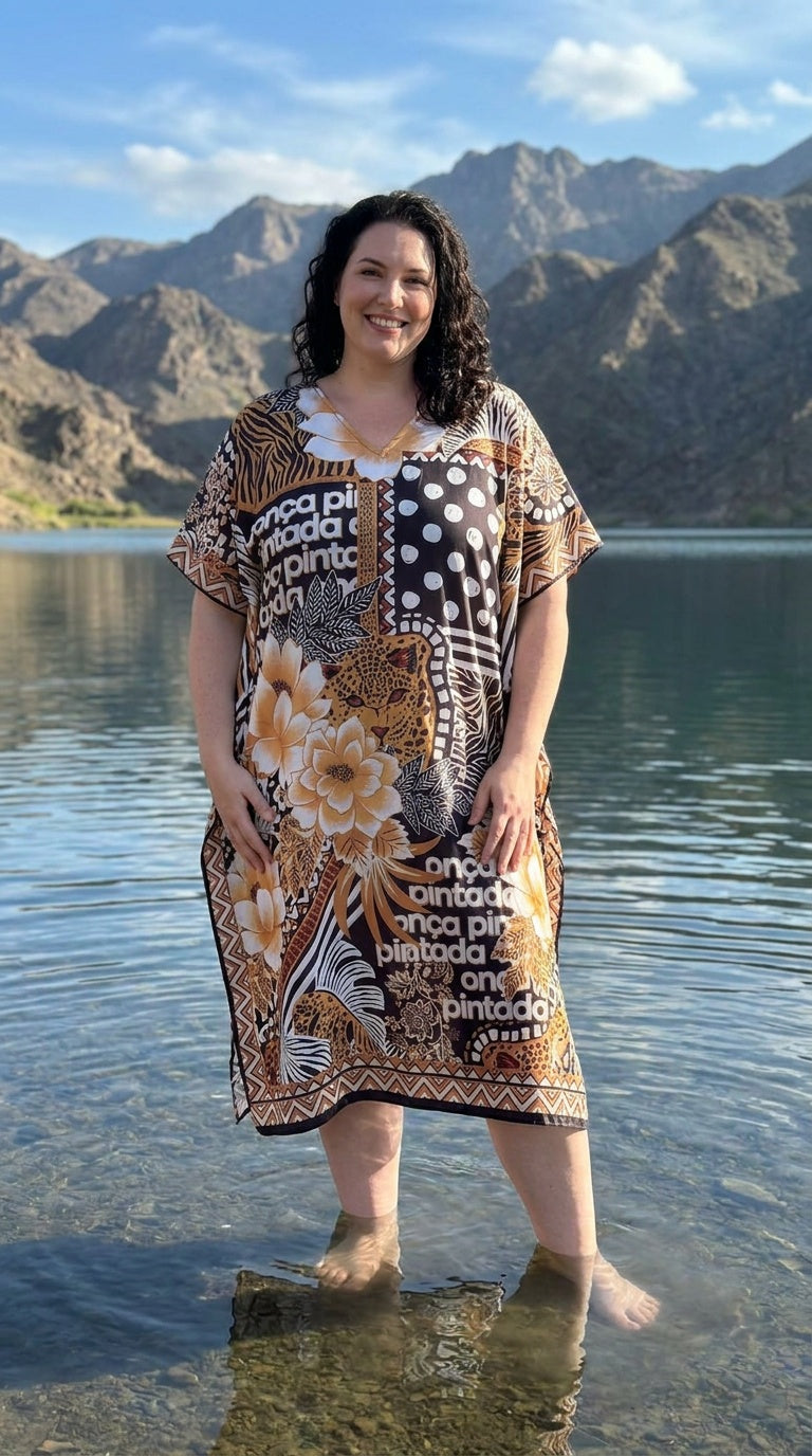 Brown Floral Polyester Women Plus Size Kaftan Resort Dress 1X-3X