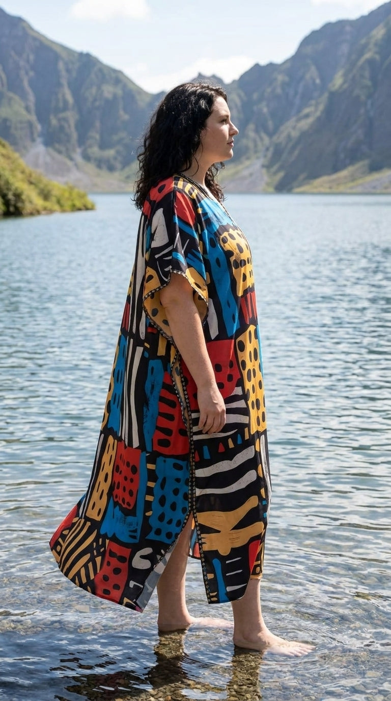 Multicolor Geometric Polyester Women Plus Size Kaftan Vacation Dress 1X-3X