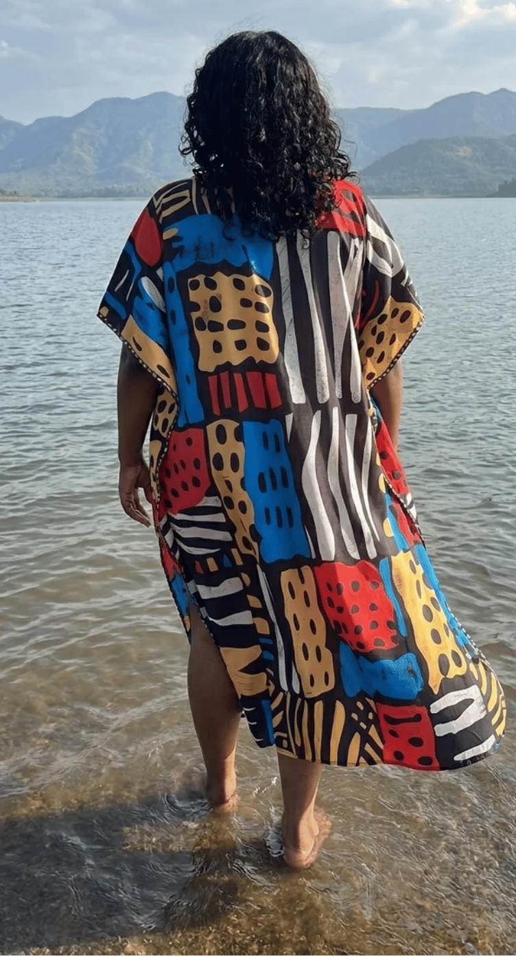 GypsieBlu Multicolor Polyester Plus Size Kaftan for Women 3/4 Sleeve 1X-3X - Tribal Mud Cloth Block Motif Print