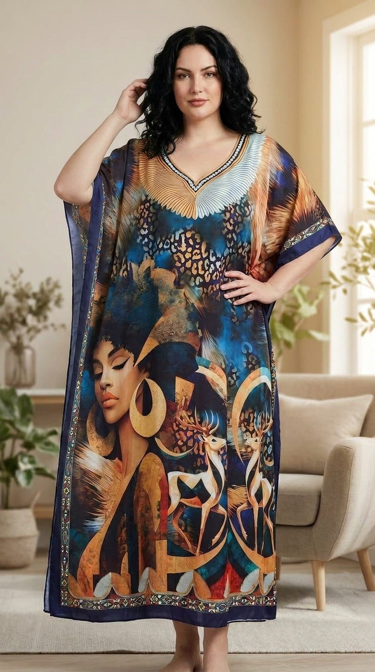 Navy Wildlife Print Polyester Women Plus Size Kaftan Summer Dress 1X-3X - Gypsie Blu