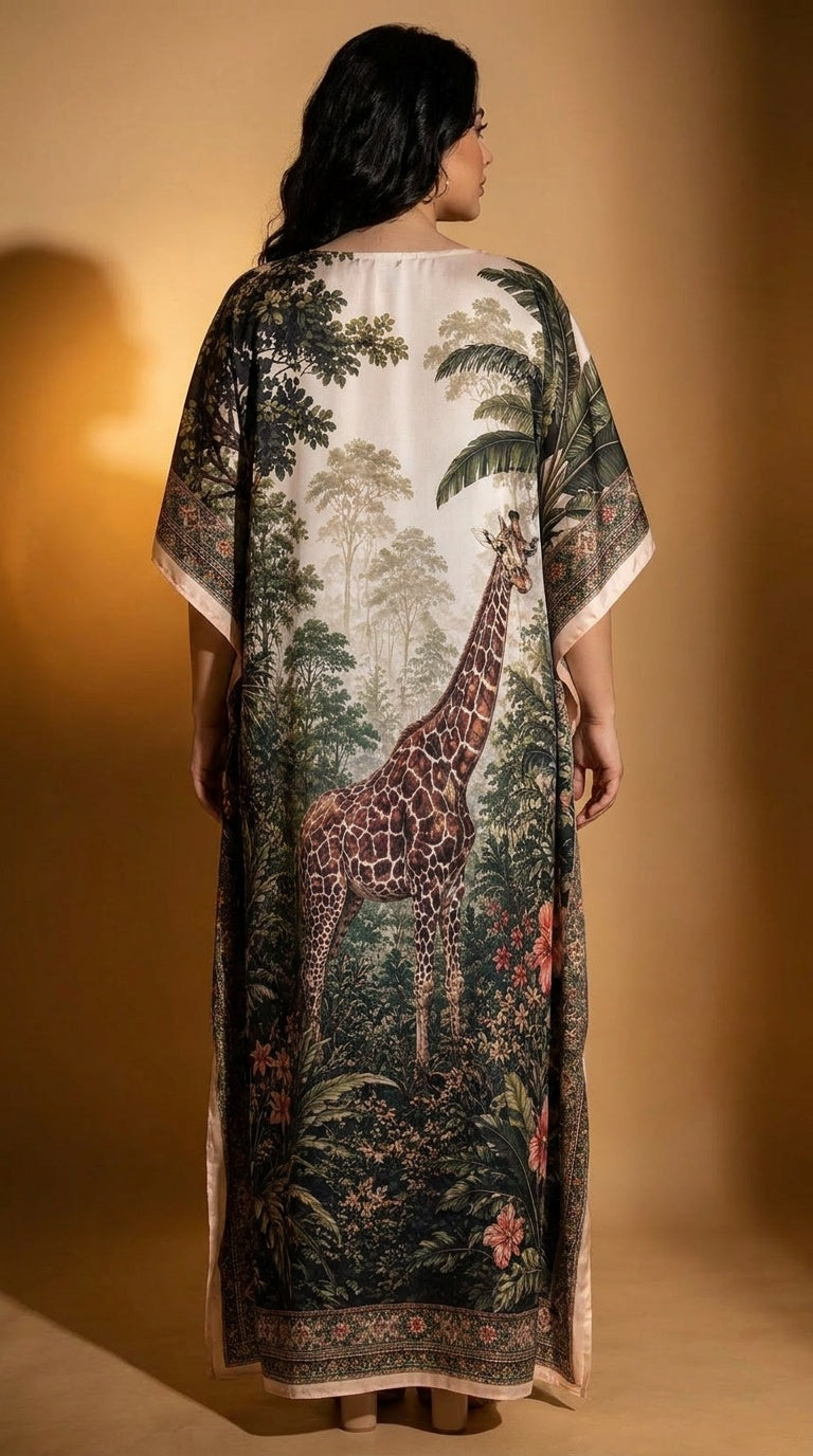 Cream Wildlife Print Polyester Women Plus Size Kaftan Summer Dress 1X-3X
