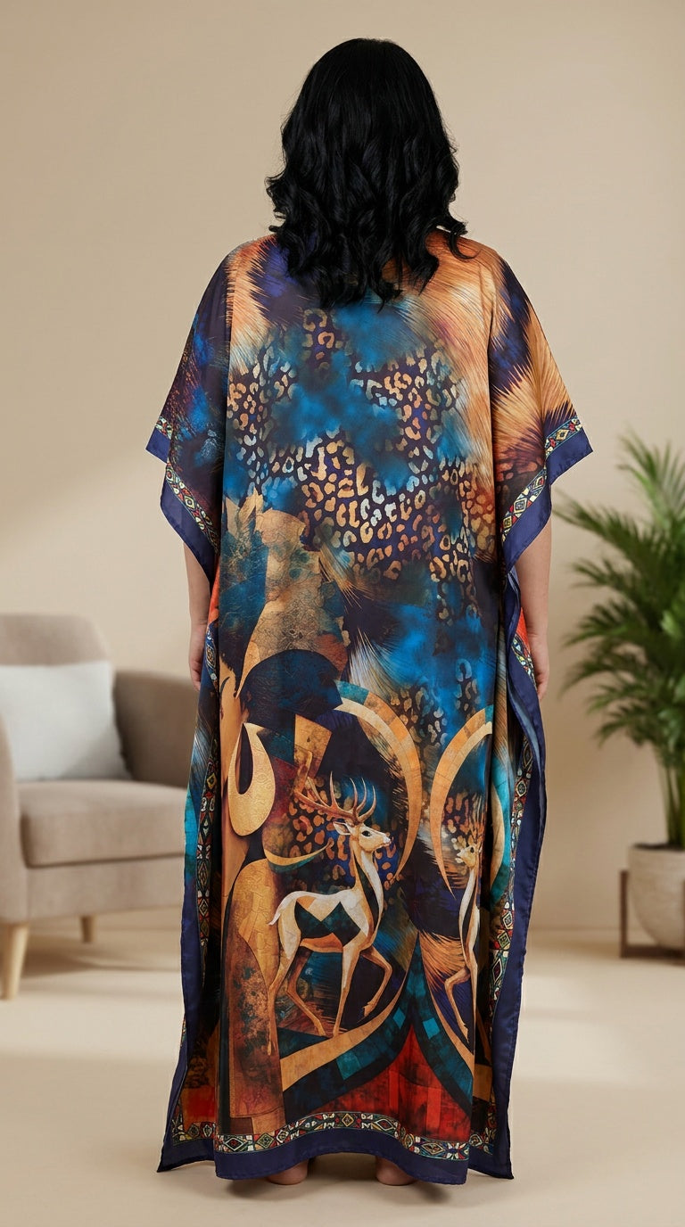 Navy Wildlife Print Polyester Women Plus Size Kaftan Summer Dress 1X-3X
