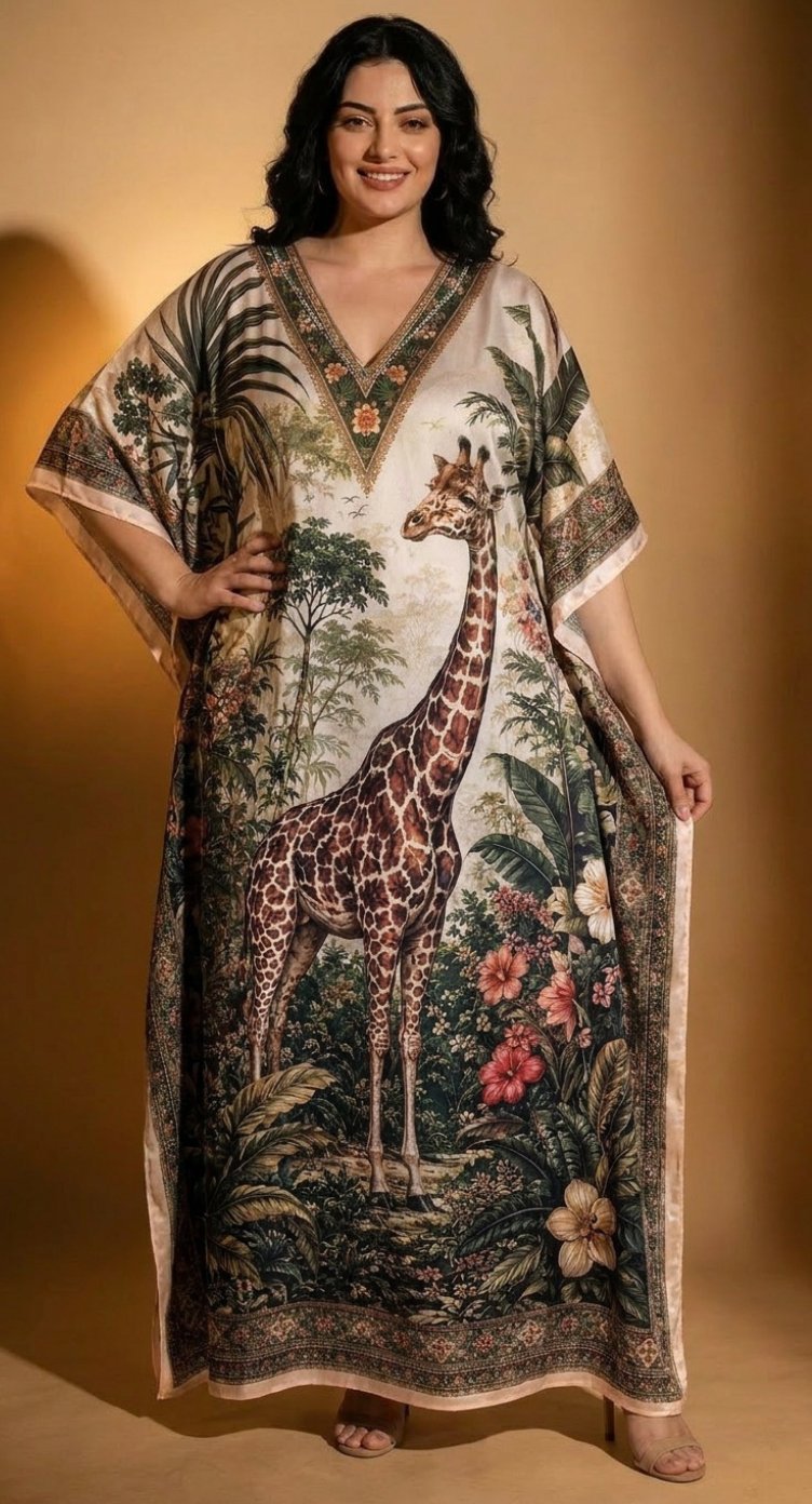Cream Wildlife Print Polyester Women Plus Size Kaftan Summer Dress 1X-3X
