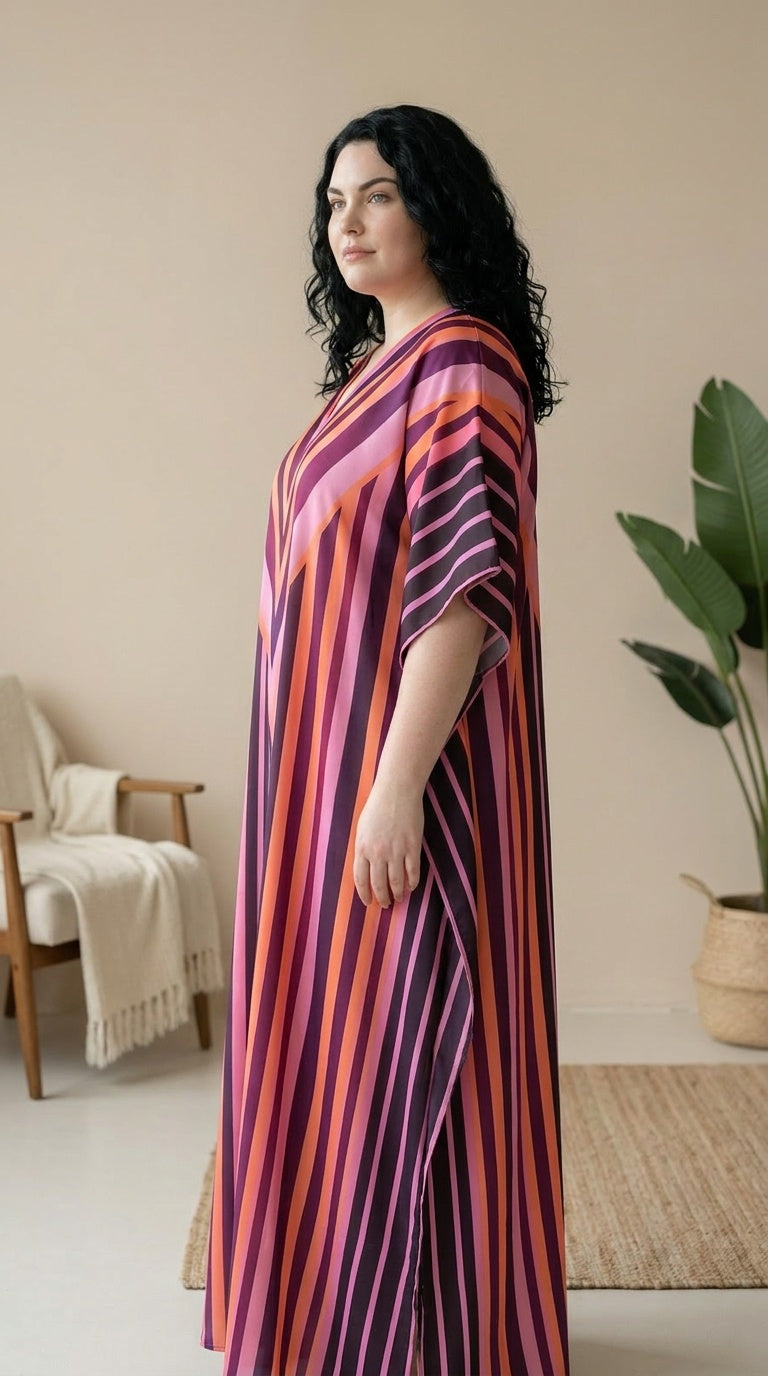 Pinkish Purple Purple Multi Striped Polyester Women Plus Size Kaftan Casual Dress 1X-3X - Gypsie Blu