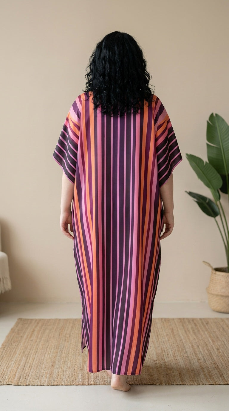 Purple Multi Striped Polyester Women Plus Size Kaftan Casual Dress 1X-3X