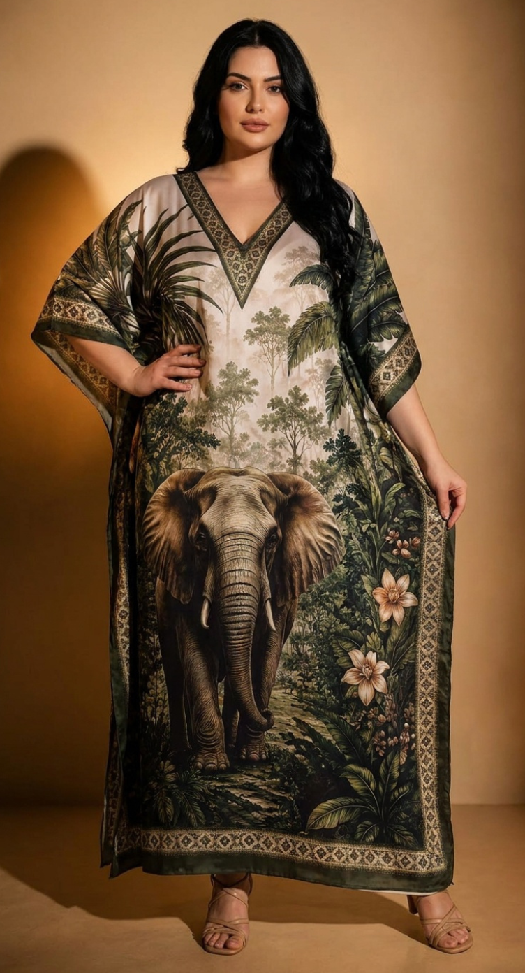 Cream Animal Print Polyester Women Plus Size Kaftan Casual Dress 1X-3X