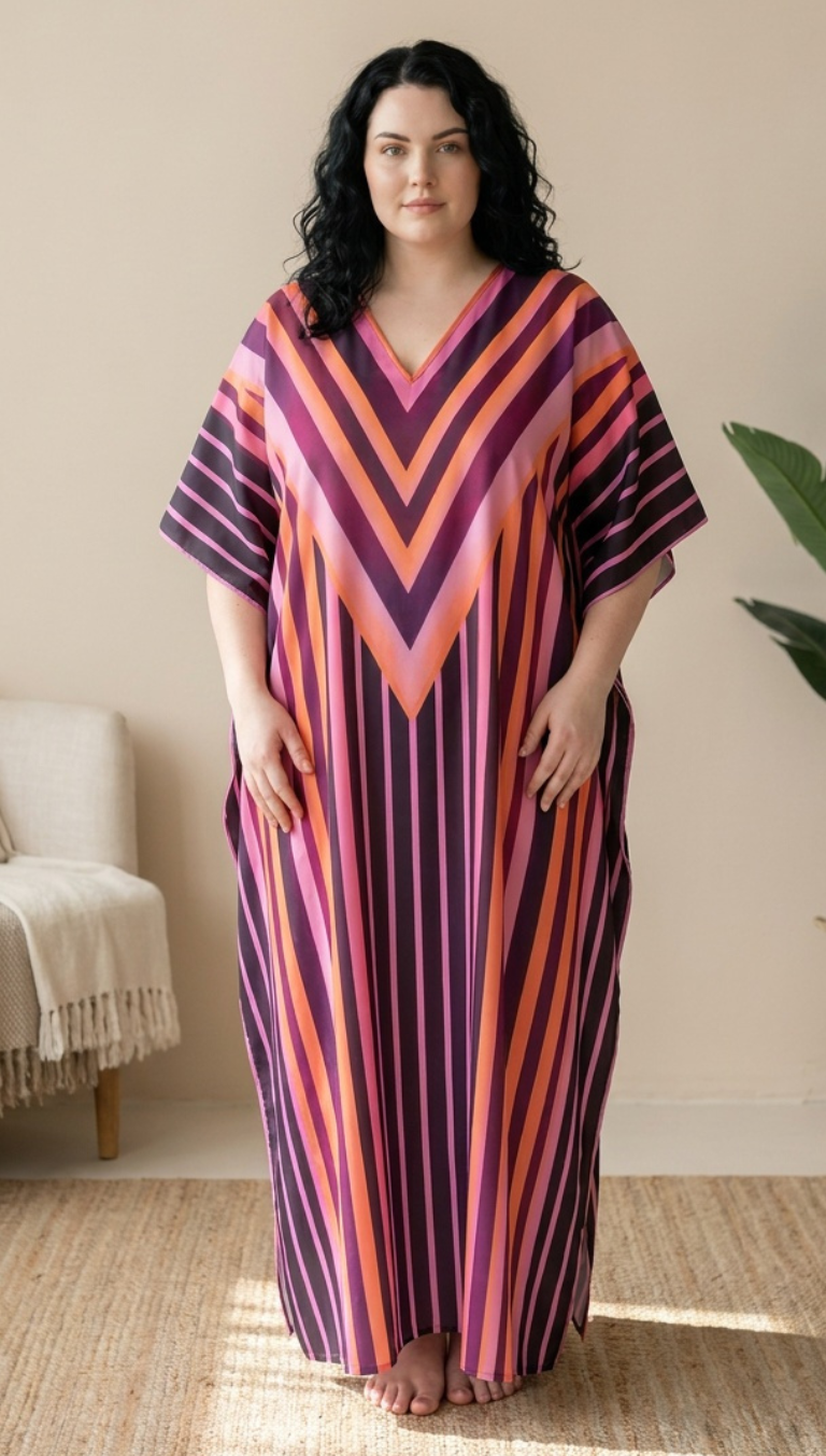 Pinkish Purple Stripe Polyester Plus Size Caftan for Women